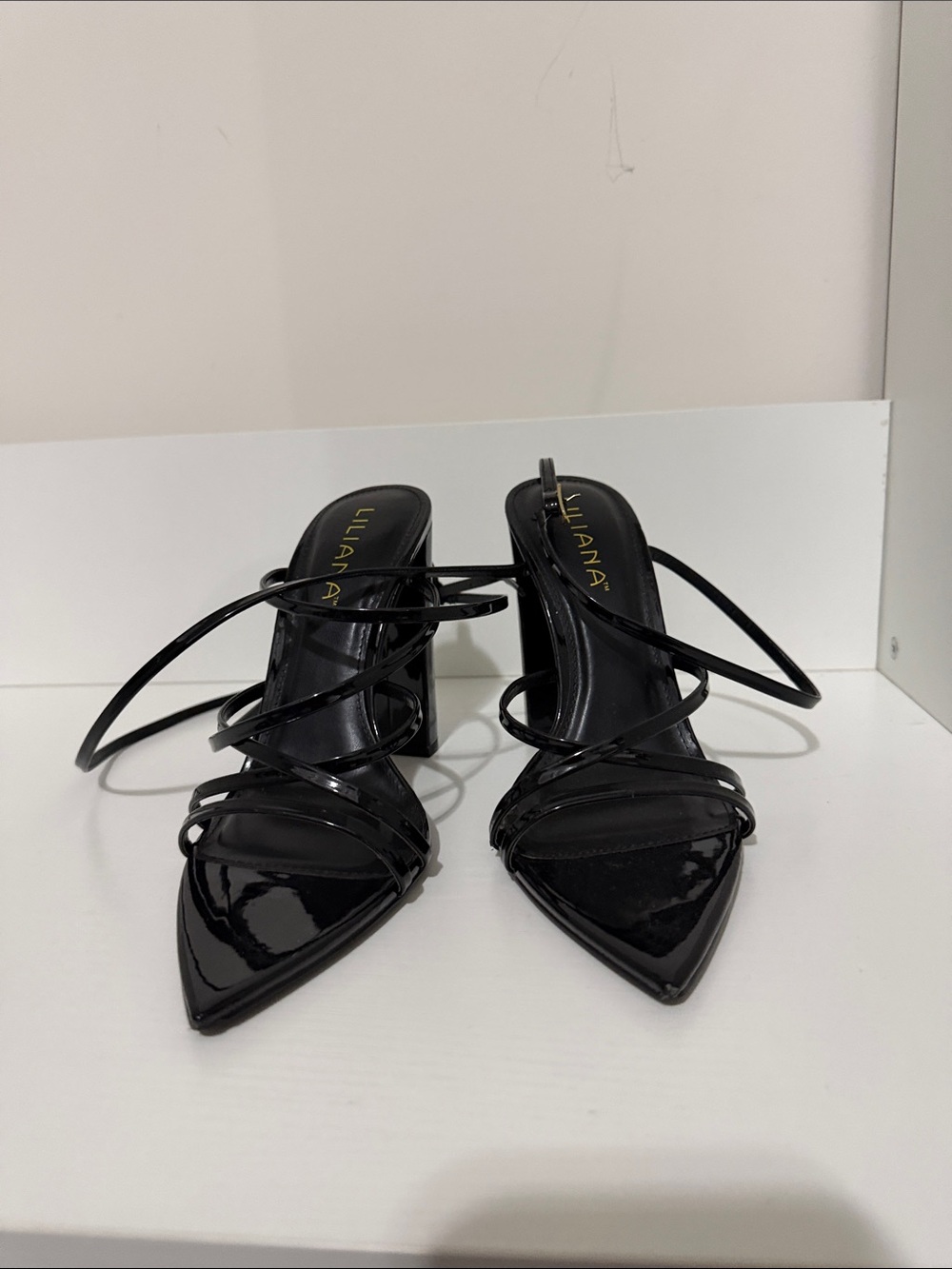 Liliana Black Patent Multi-Strap Pointed Mules